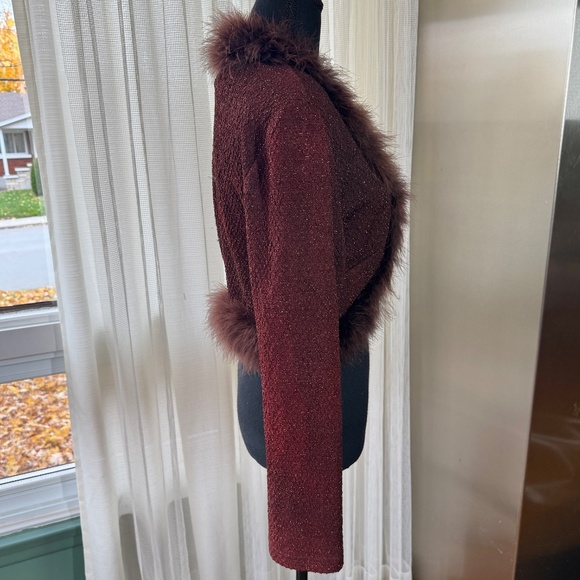 Vintage 80s bolero, burgundy gold thread, marabout feathers, Joseph Ribkoff, 8 - Picture 7 of 13